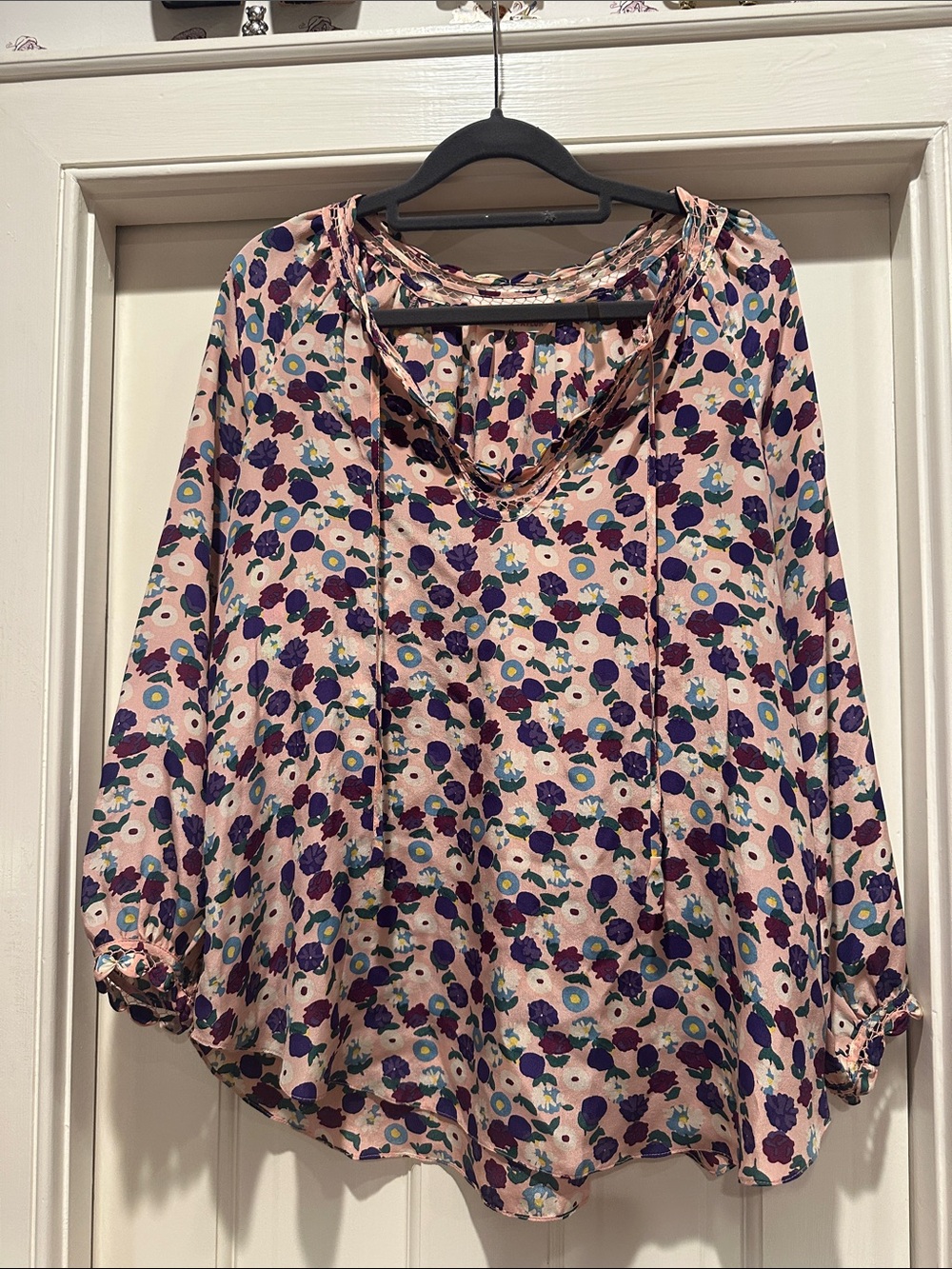 Rebecca Taylor Pink Floral Tie-Neck Peasant Blouse